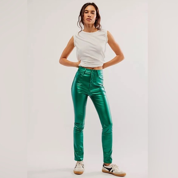 NWT MOTHER Rails Skimp High-waisted Shiny Green Faux Leather Pants - sz 30 -$228 - Picture 2 of 8